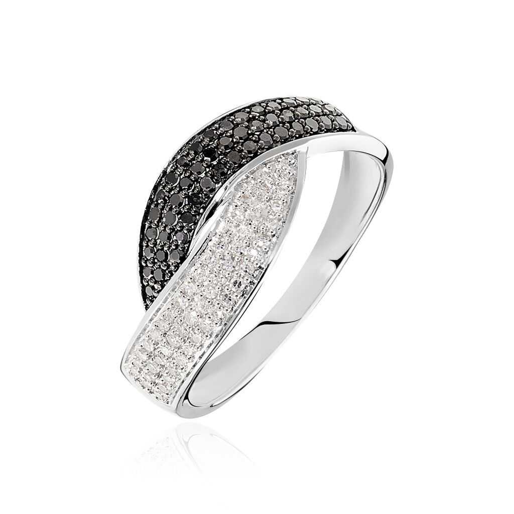 Bague Alliance Or Blanc 18 Carats Avec Diamant Blanc Et Diamants Noirs - Taille 54, Occasion, Origine France