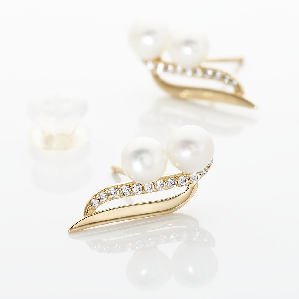 Boucles D'oreilles Puces Loeva Or Jaune Perle De Culture Et Oxyde - Clous d'oreilles Femme | Histoire d’Or