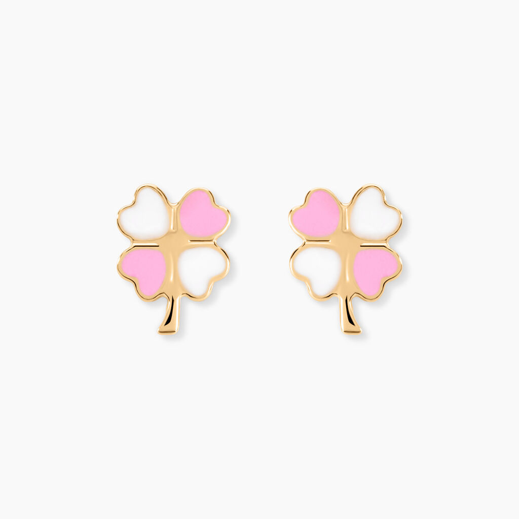 Boucles D'oreilles Puces Trefle Email Or Jaune - Clous d'oreilles Enfant | Histoire d’Or