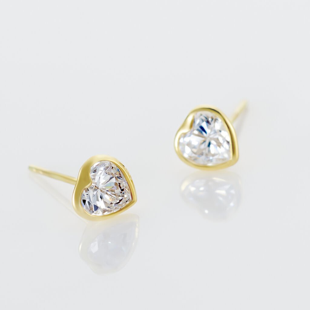 Boucles D'oreilles Puces Coeur Serti Clos Or Jaune Oxyde De Zirconium - Clous d'oreilles Femme | Histoire d’Or