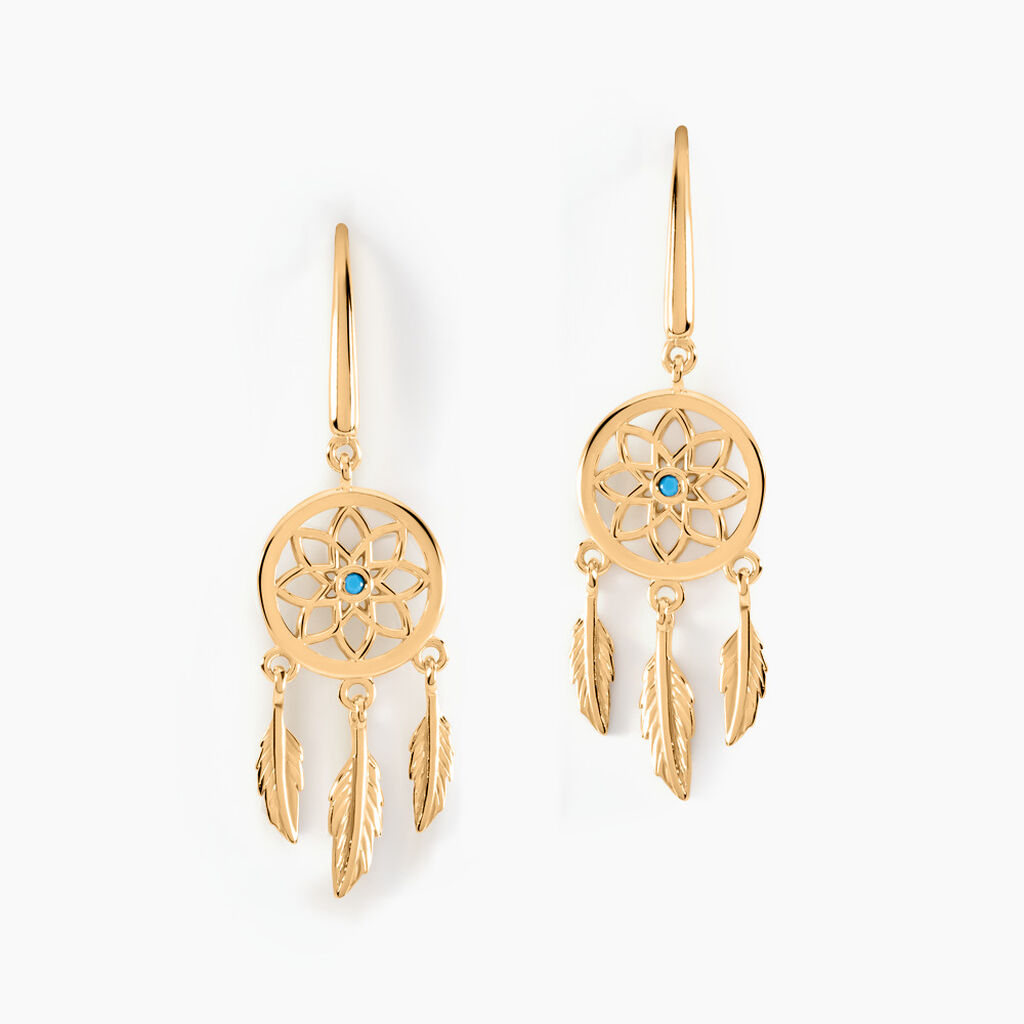 Boucles D’oreilles Plaqué Or Jaune Attrape Rêves Turquoises