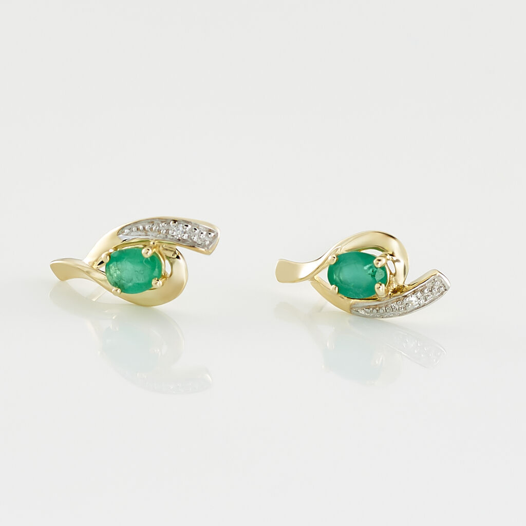 Boucles D'oreilles Puces Sagesse Or Jaune Emeraude Et Diamant - Clous d'oreilles Femme | Histoire d’Or