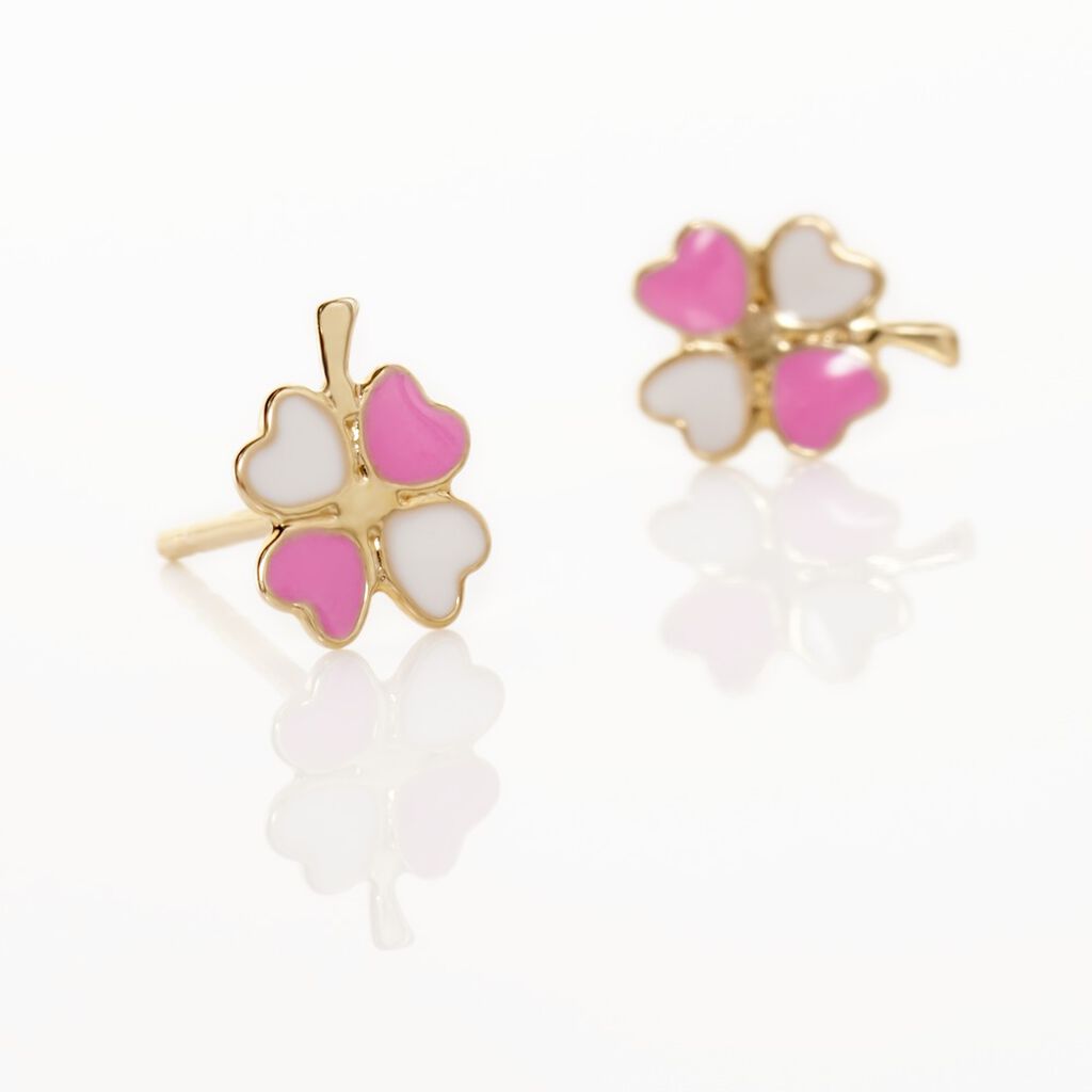 Boucles D'oreilles Puces Trefle Email Or Jaune - Clous d'oreilles Enfant | Histoire d’Or