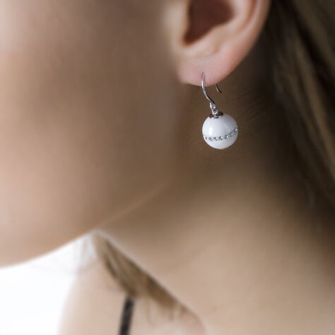 Boucles D'oreilles Pendantes Rose-blanche Argent Strass Et Céramique - Boucles d'oreilles fantaisie Femme | Histoire d’Or