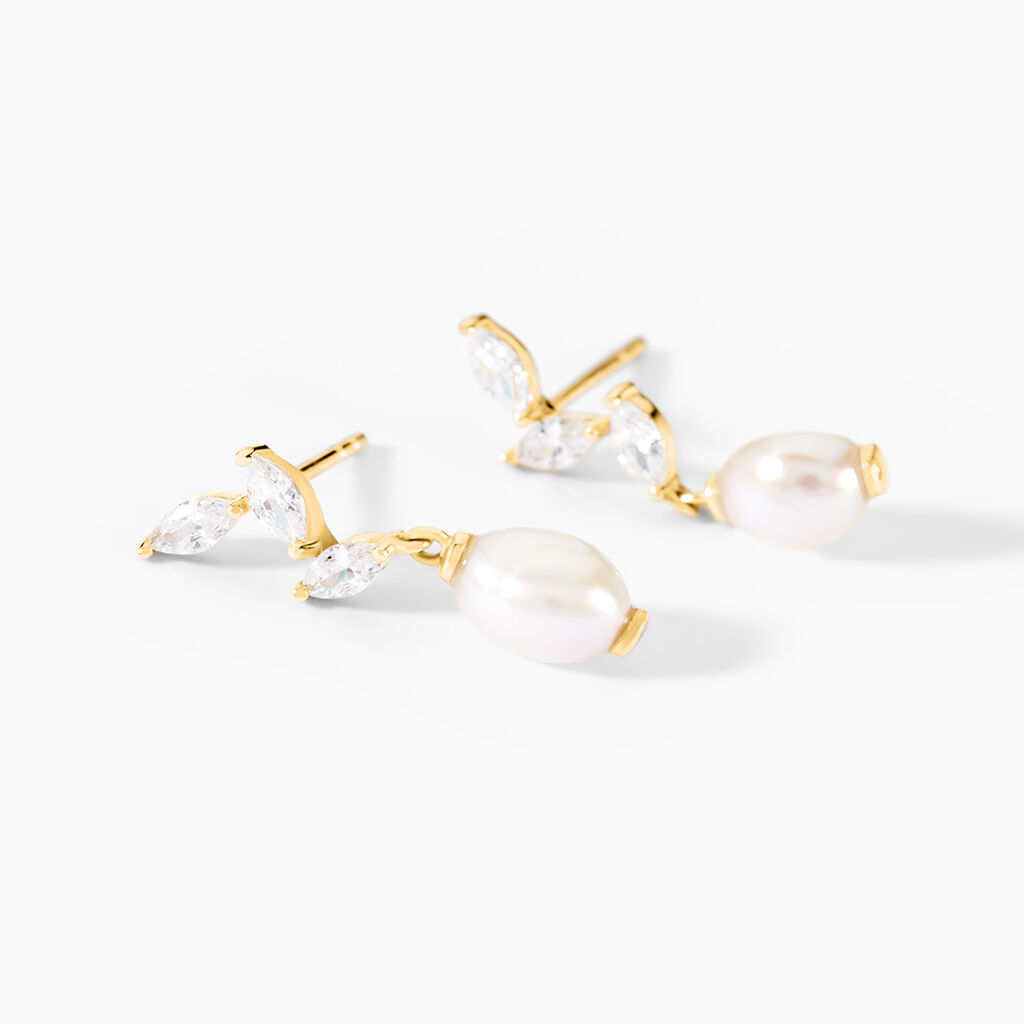 Boucles D'Oreilles Pendantes Nacr&eacute;e Or Jaune Perle De Culture Oxyde De Zirconium - Boucles d'oreilles pendantes Femme | Histoire d&rsquo;Or