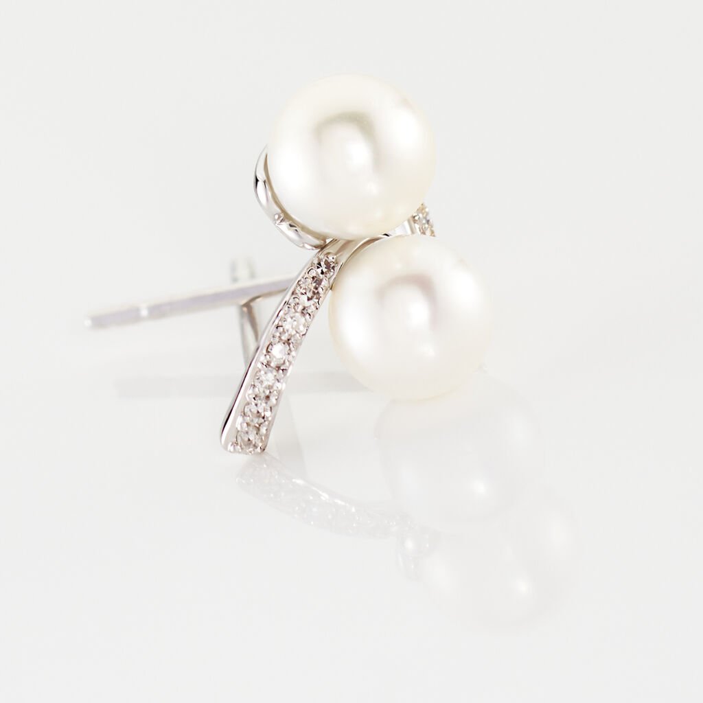 Boucles D'oreilles Puces Angel Or Blanc Perle De Culture Et Diamant - Clous d'oreilles Femme | Histoire d&rsquo;Or