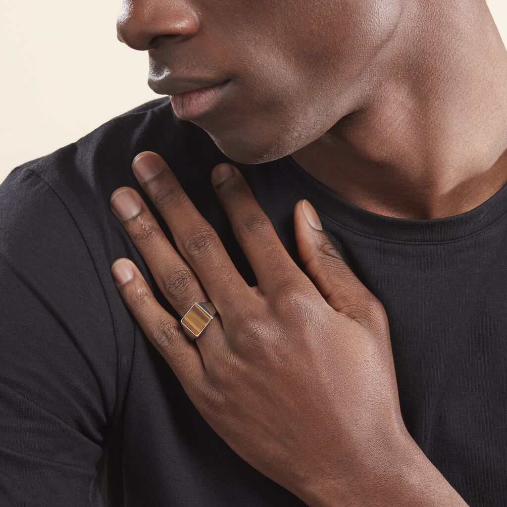 Chevalière Argent Blanc Atilio Oeil De Tigre - Bagues solitaires Homme | Histoire d’Or