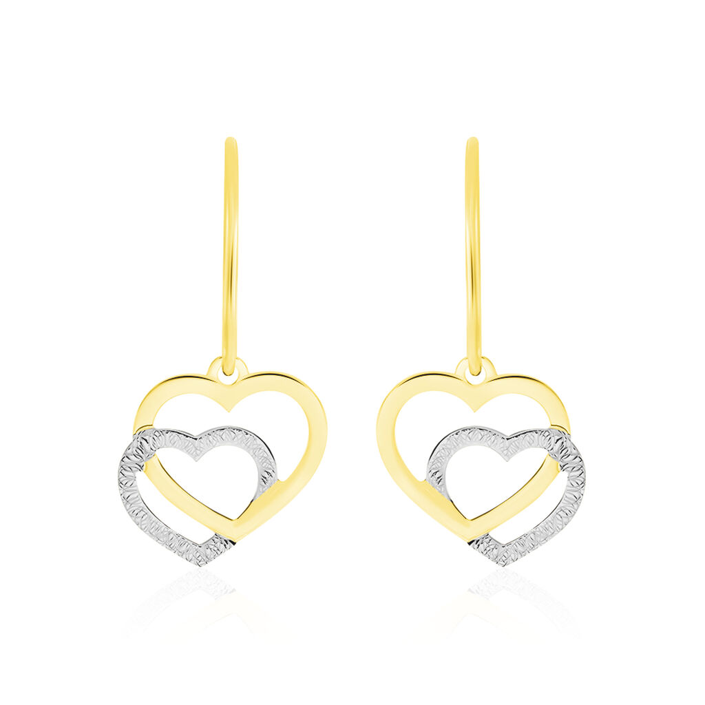 Boucles D'oreilles Pendantes Double Coeur Satines Or Bicolore - Boucles d'Oreilles Coeur Femme | Histoire d’Or