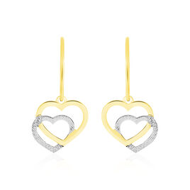 Boucles D'oreilles Pendantes Double Coeur Satines Or Bicolore - Boucles d'Oreilles Coeur Femme | Histoire d’Or