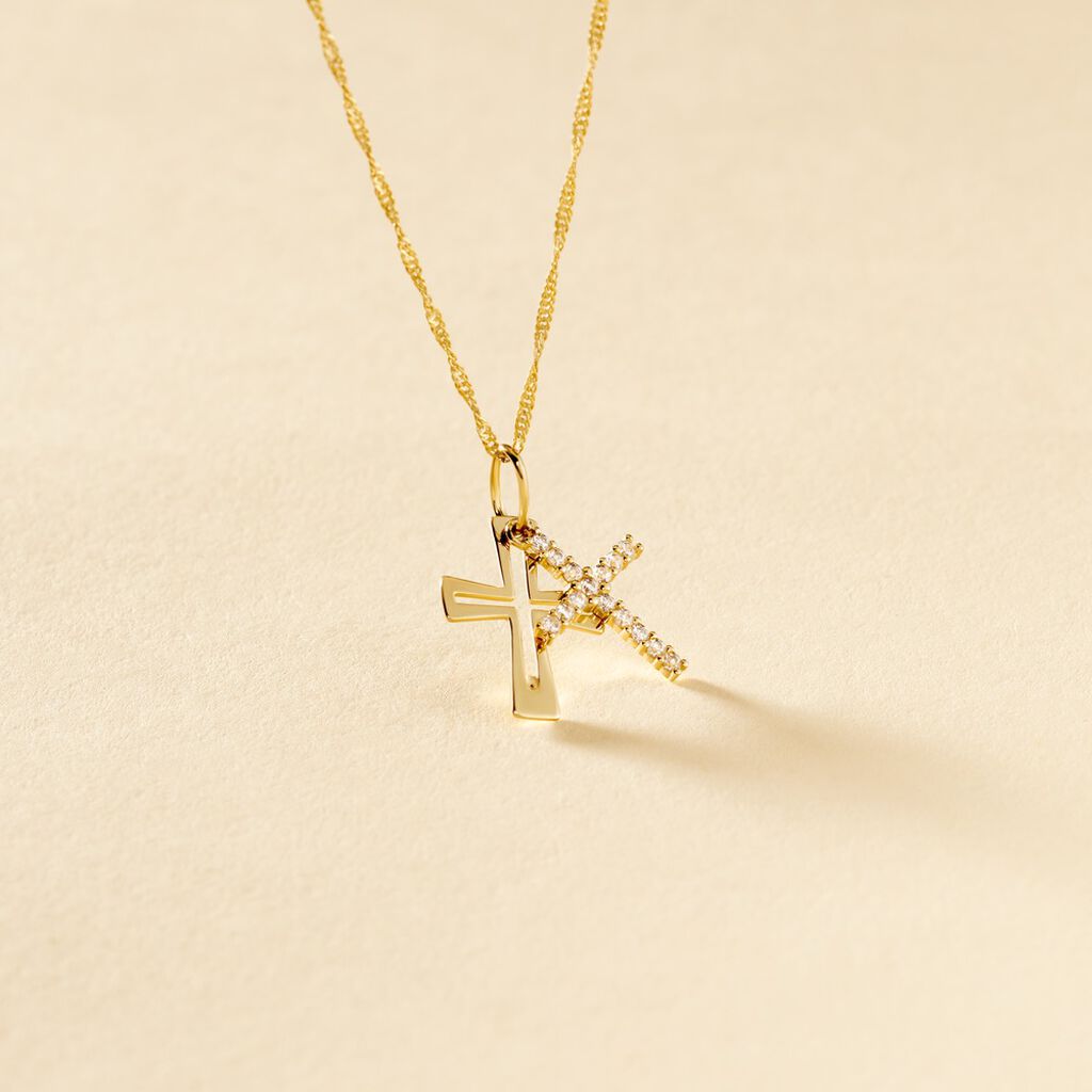 Pendentif Canice Croix Or Jaune Oxyde De Zirconium - Pendentifs Baptême Famille | Histoire d’Or