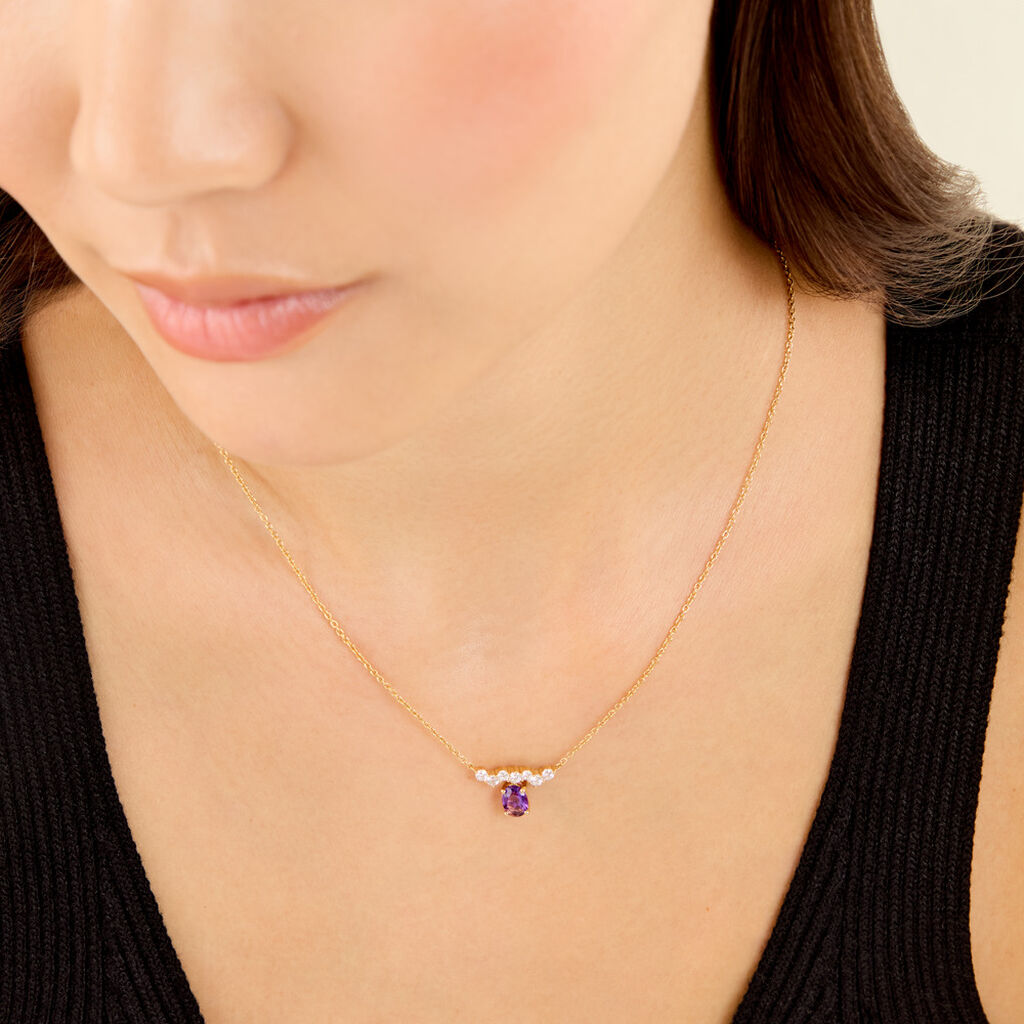 Collier Shanie Argent Dor&eacute; A L'Or 750/1000 Am&eacute;thyste Oxyde De Zirconium - Colliers pierre Femme | Histoire d&rsquo;Or