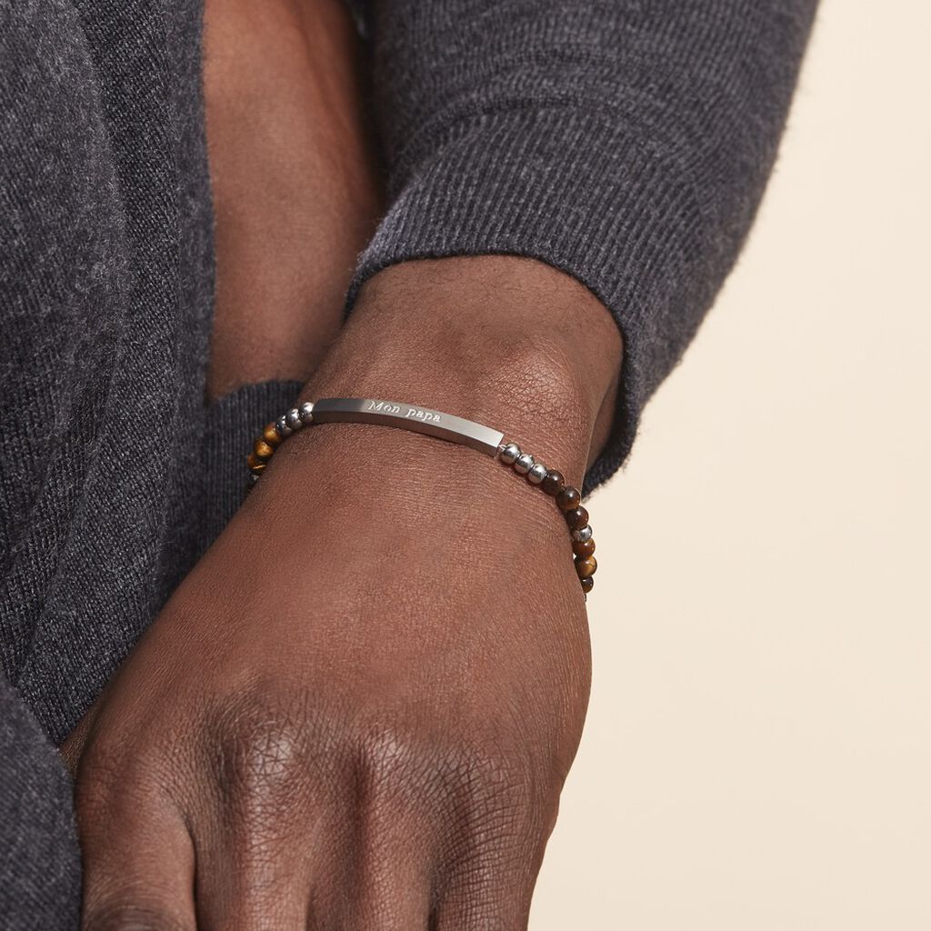Bracelet Identité Acier Blanc Boules Sebastino œil De Tigre - Gourmettes Homme | Histoire d’Or