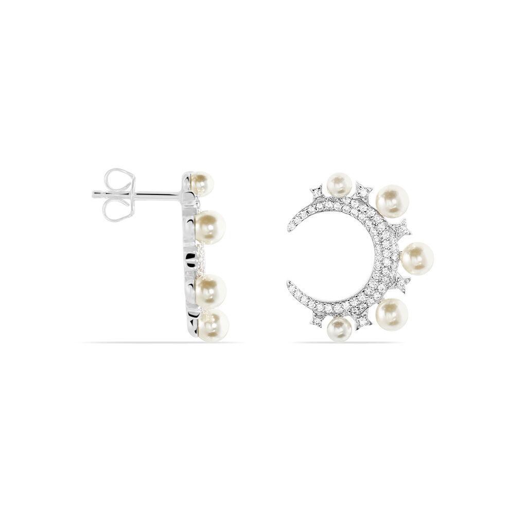 Boucles D'oreilles Puces Moon Argent Perle D'imitation Et Oxyde - Clous d'oreilles Femme | Histoire d’Or
