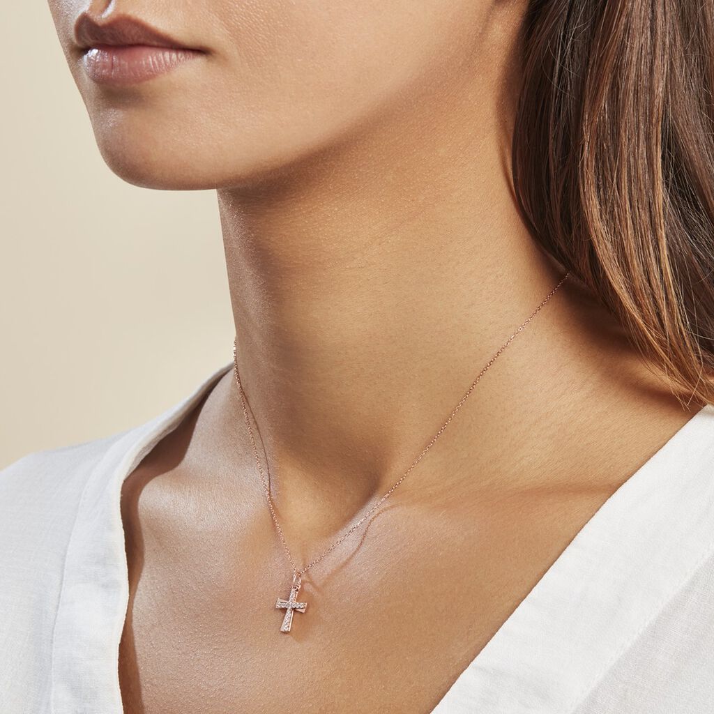 Pendentif Canice Croix Or Rose Oxyde De Zirconium - Pendentifs Baptême Famille | Histoire d’Or