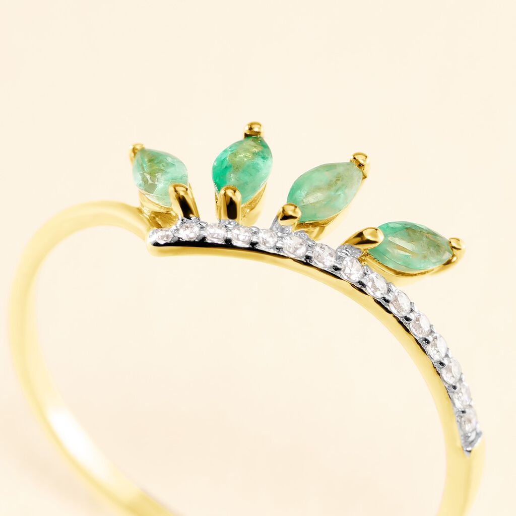 Bague Navette Or Jaune Emeraude Diamant - Bagues avec pierre Femme | Histoire d’Or