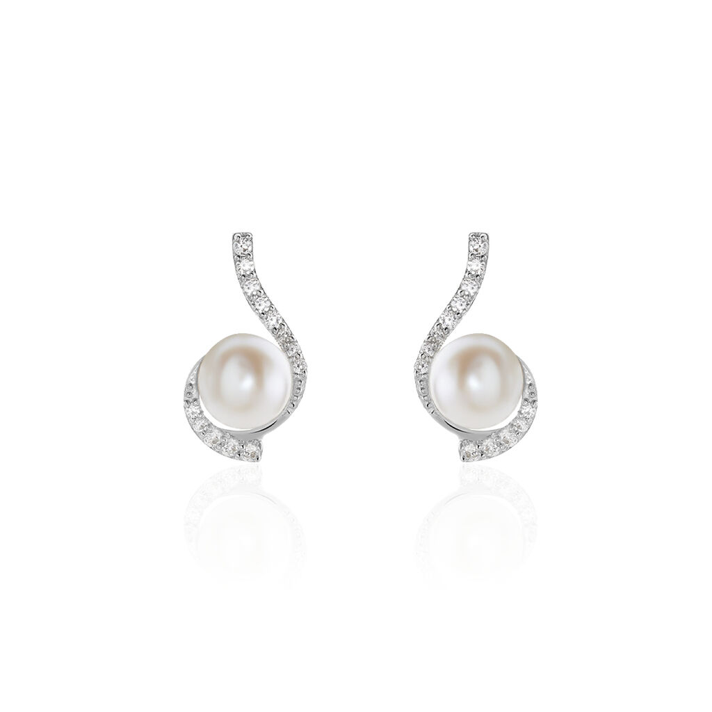 Boucles D'oreilles Puces Cassiopea Or Blanc Oxyde Et Perle De Culture - Clous d'oreilles Femme | Histoire d’Or