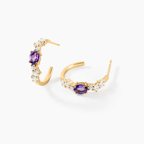 Cr&eacute;oles Shanie Argent Dor&eacute; A L'Or 750/1000 Am&eacute;thyste Oxyde De Zirconium - Boucles d'oreilles cr&eacute;oles Femme | Histoire d&rsquo;Or