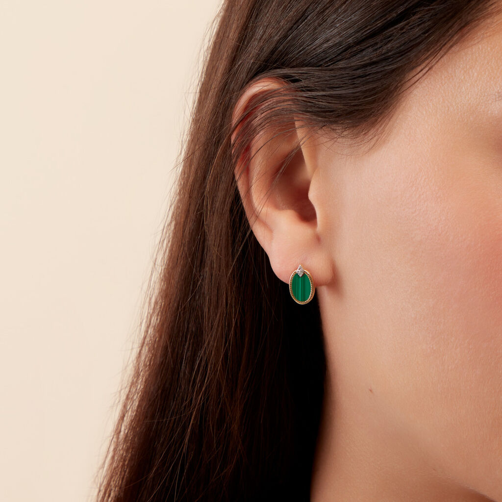 Boucles D'oreilles Puces Tahina Or Jaune Malachite Diamant - Clous d'oreilles Femme | Histoire d’Or