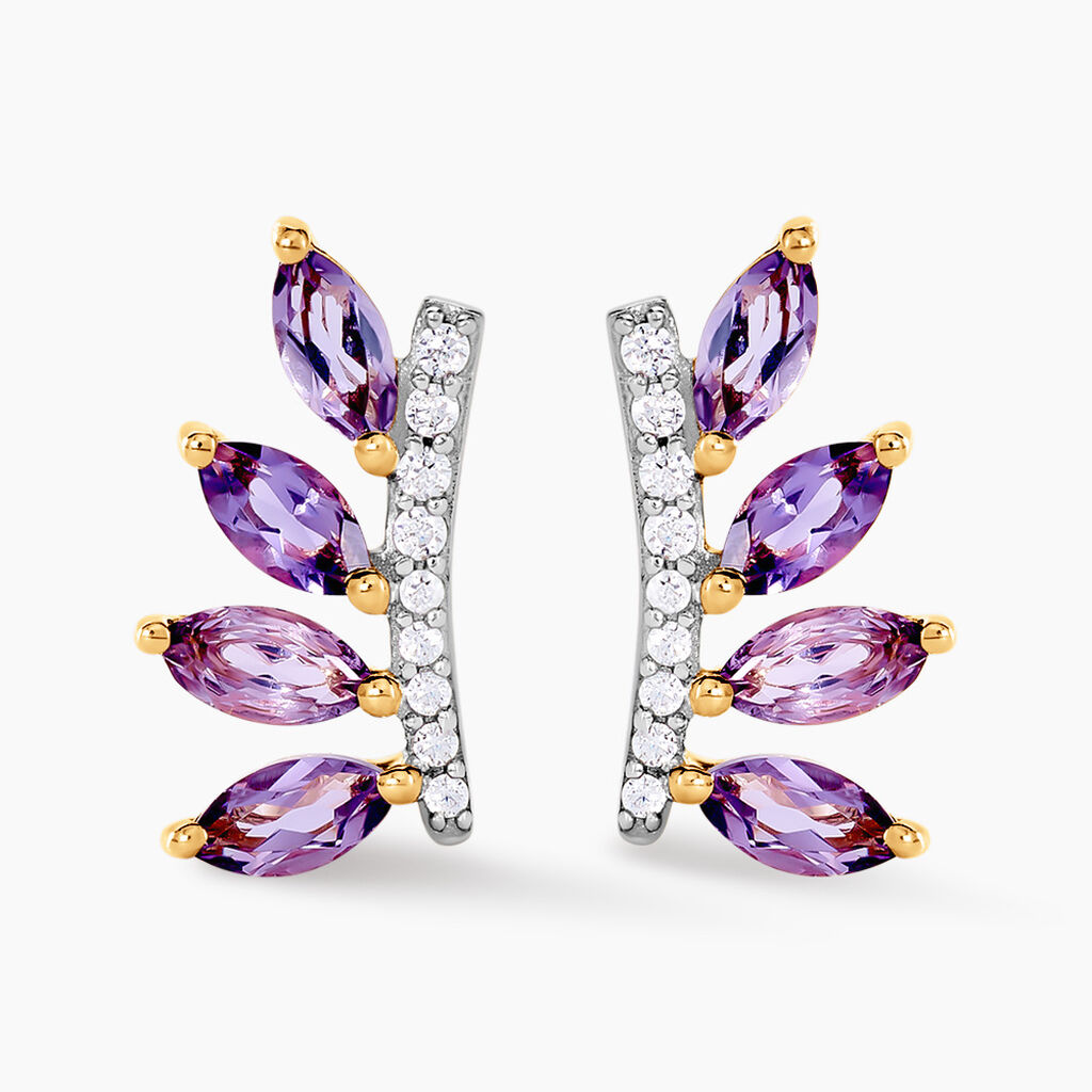 Boucles D'oreilles Puces Tiara Or Jaune Am&eacute;thyste Oxyde De Zirconium - Clous d'oreilles Femme | Histoire d&rsquo;Or