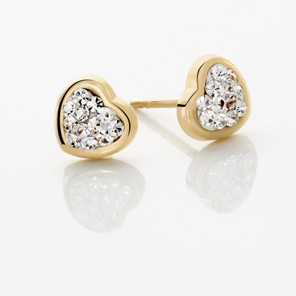 Boucles D'oreilles Puces Edme C&oelig;ur Or Jaune Strass - Clous d'oreilles Famille | Histoire d&rsquo;Or