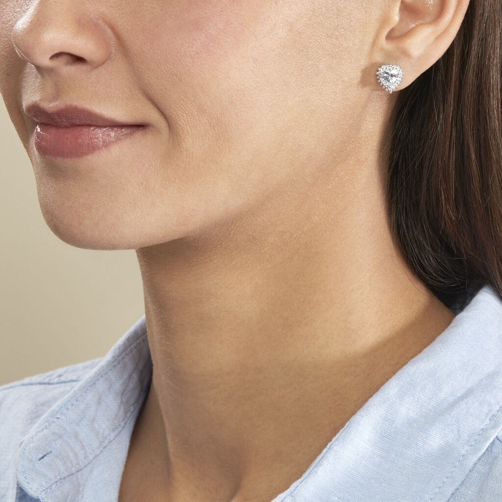 Boucles D'oreilles Puces Calvi Argent Blanc Oxyde De Zirconium - Boucles d'Oreilles Coeur Femme | Histoire d’Or