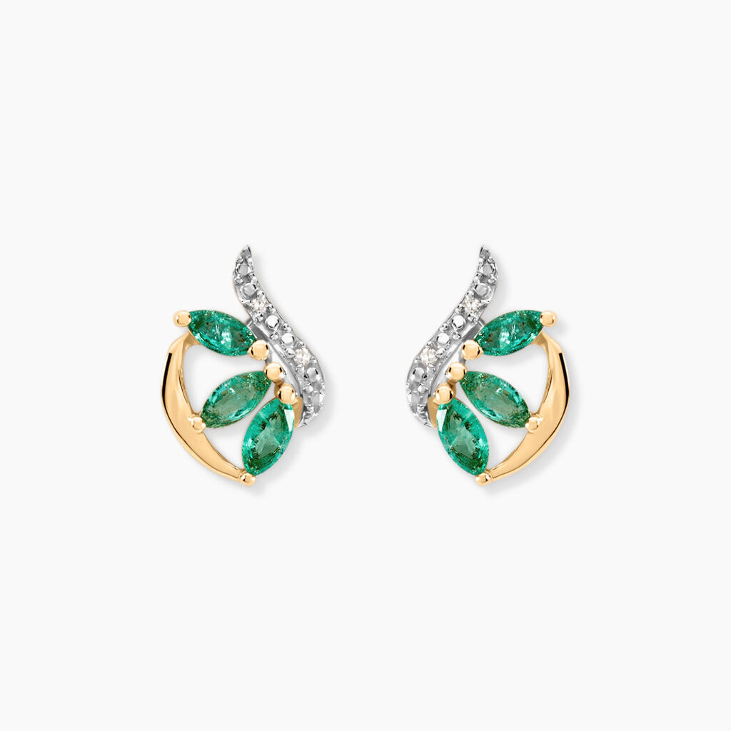 Boucles D'oreilles Puces Or Bicolore Caetlin Emeraude Diamant - Clous d'oreilles Femme | Histoire d’Or