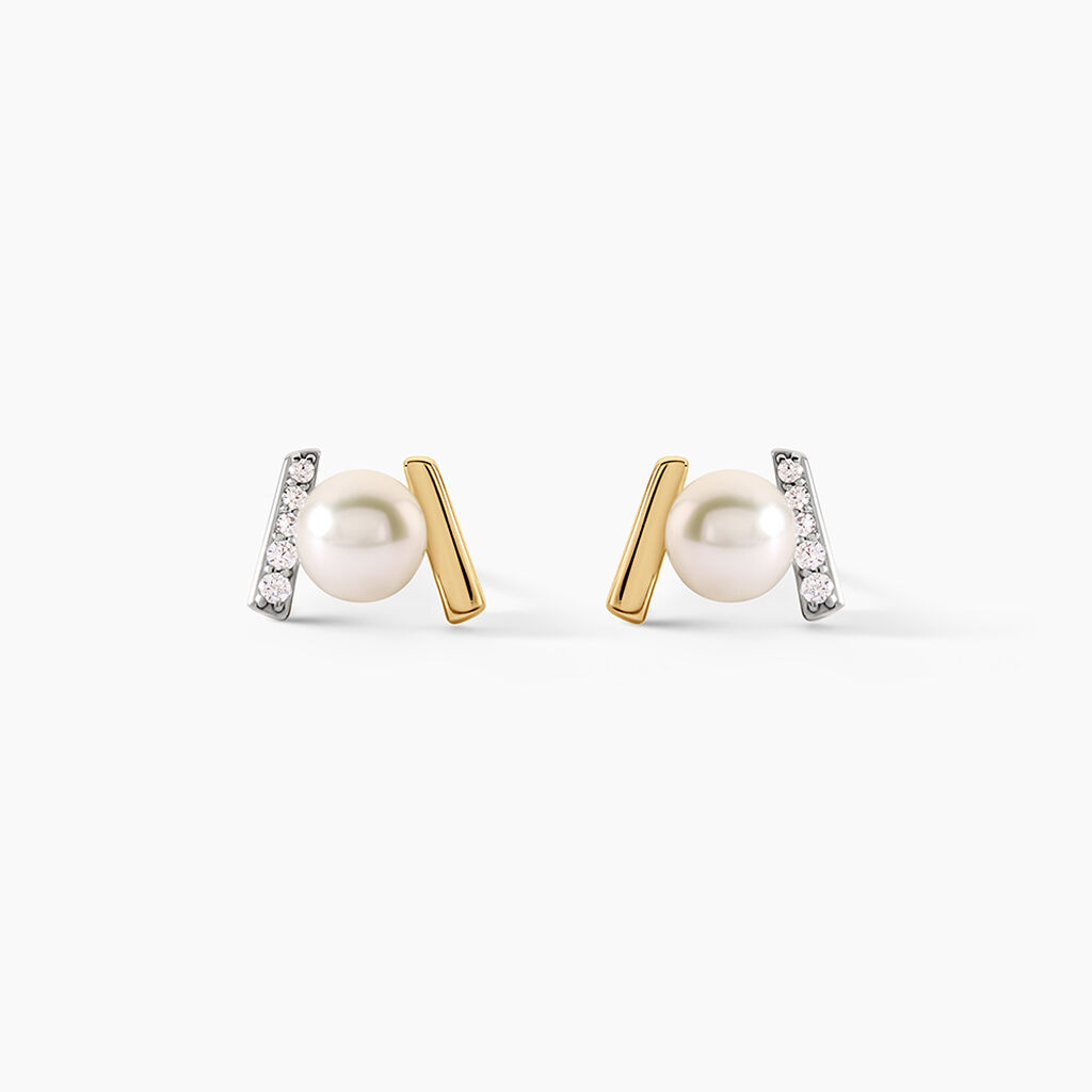 Boucles D'Oreilles Puces Pearly Argent Dor&eacute; A L'Or 750/1000 Perle De Culture Oxyde De Zirconium - Clous d'oreilles Femme | Histoire d&rsquo;Or