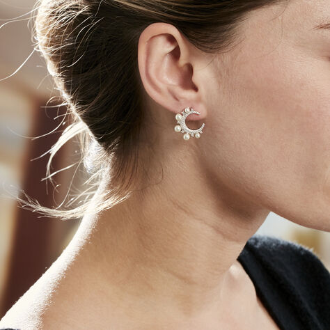 Boucles D'oreilles Puces Moon Argent Perle D'imitation Et Oxyde - Clous d'oreilles Femme | Histoire d’Or