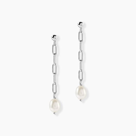 Boucles D'Oreilles Pendantes Silviane Argent Blanc Perle De Culture - Boucles d'oreilles fantaisie Femme | Histoire d&rsquo;Or