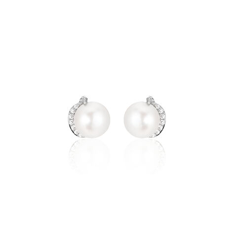 Boucles D'oreilles Puces Lucinda Or Blanc Perle De Culture Et Oxyde - Clous d'oreilles Femme | Histoire d’Or