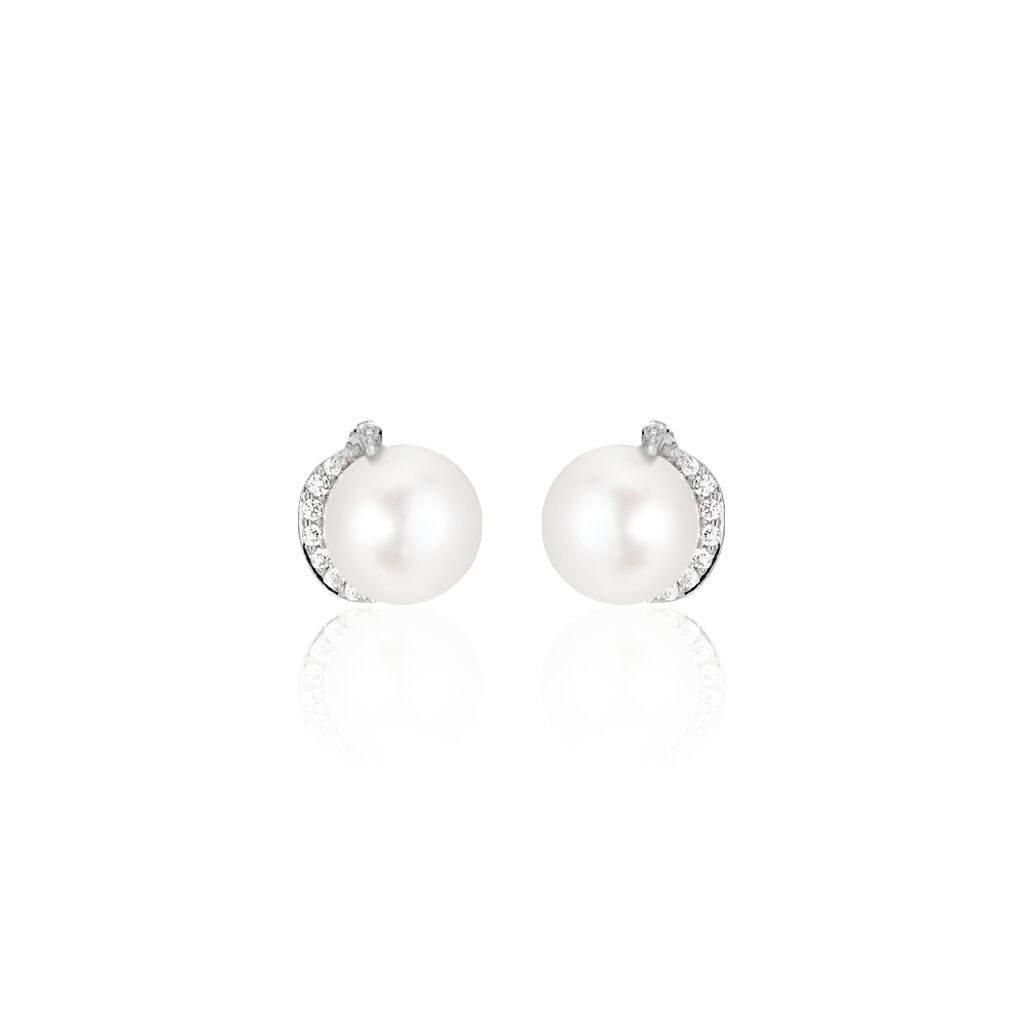 Boucles D'oreilles Puces Lucinda Or Blanc Perle De Culture Et Oxyde - Clous d'oreilles Femme | Histoire d’Or