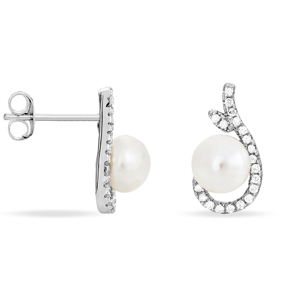 Boucles D'oreilles Puces Cyrana Argent Blanc Perle De Culture Et Oxyde - Boucles d'oreilles fantaisie Femme | Histoire d’Or