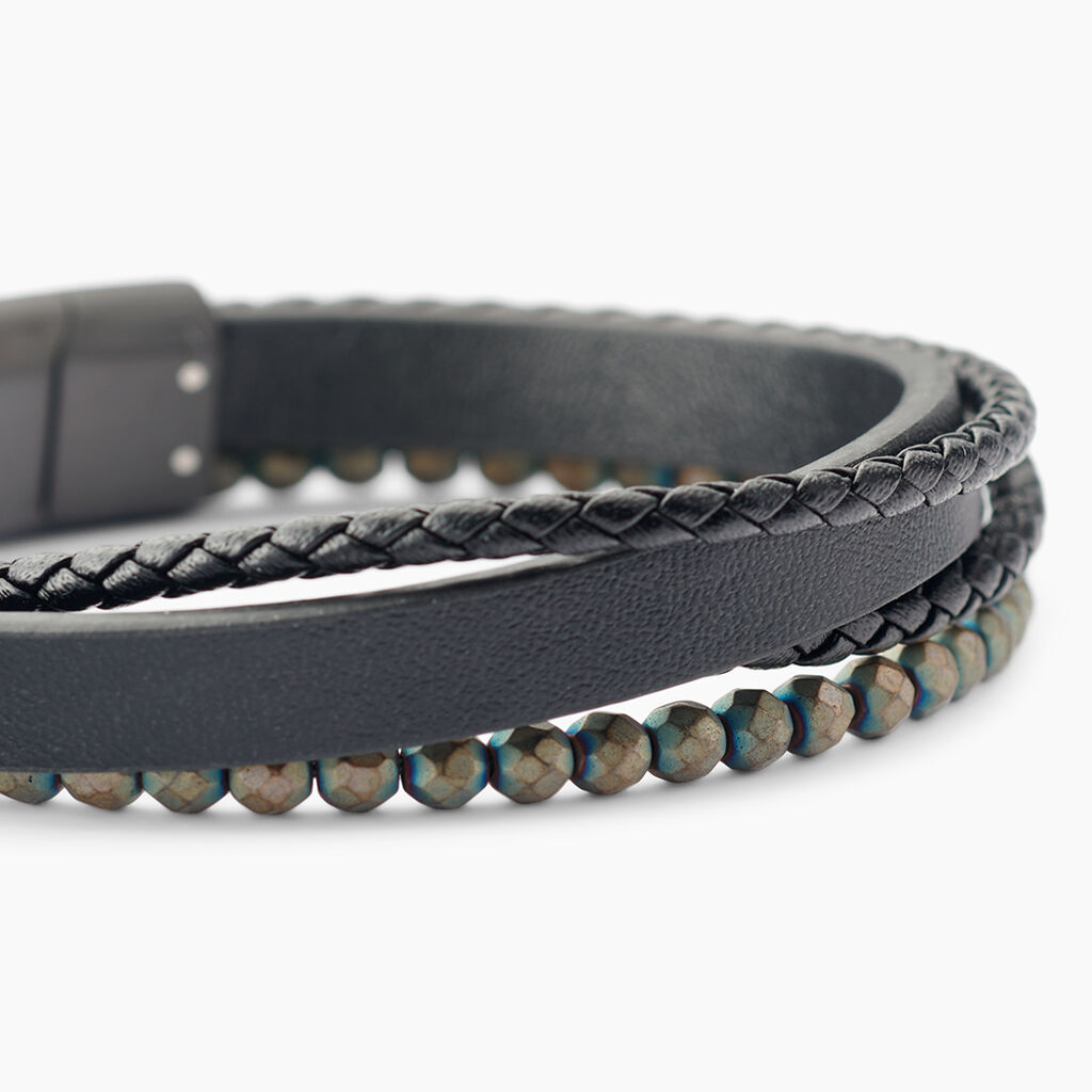 Bracelet Jourdan Cuir De Vache Noir H&eacute;matite - Bracelets Homme | Histoire d&rsquo;Or