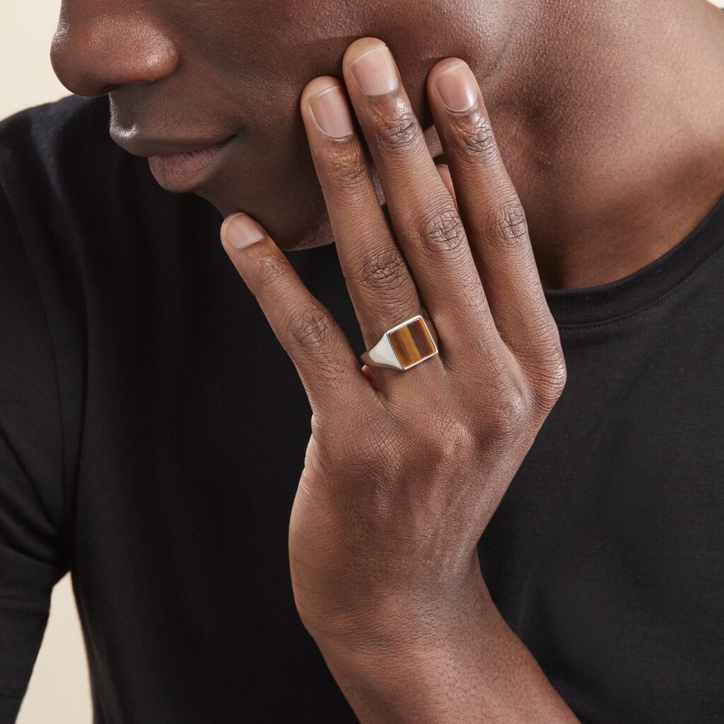 Chevalière Argent Blanc Atilio Oeil De Tigre - Bagues solitaires Homme | Histoire d’Or