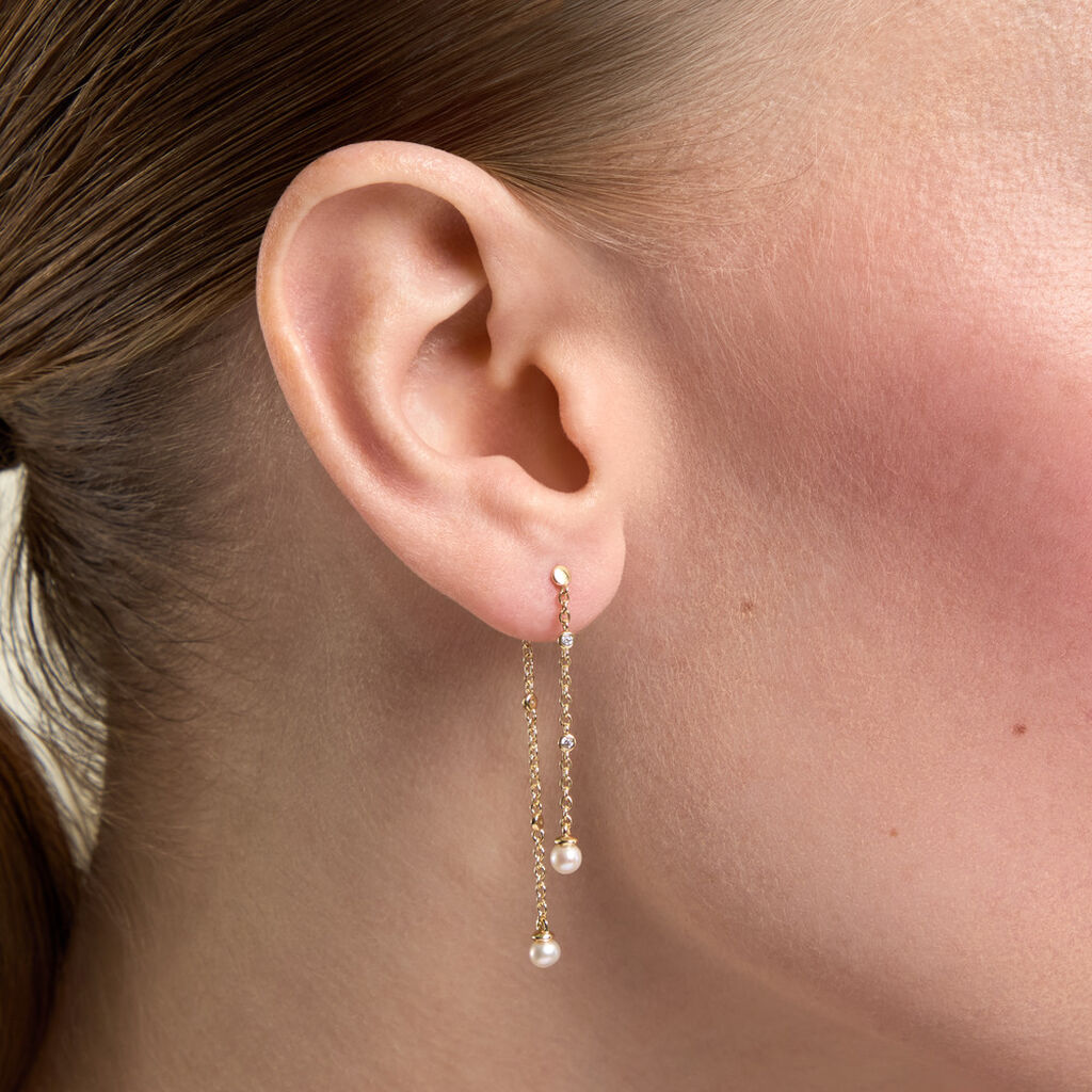 Boucles D'Oreilles Pendantes Jacaline Argent Dor&eacute; A L'Or 750/1000 Perle De Culture Oxyde De Zirconium - Boucles d'oreilles pendantes Femme | Histoire d&rsquo;Or