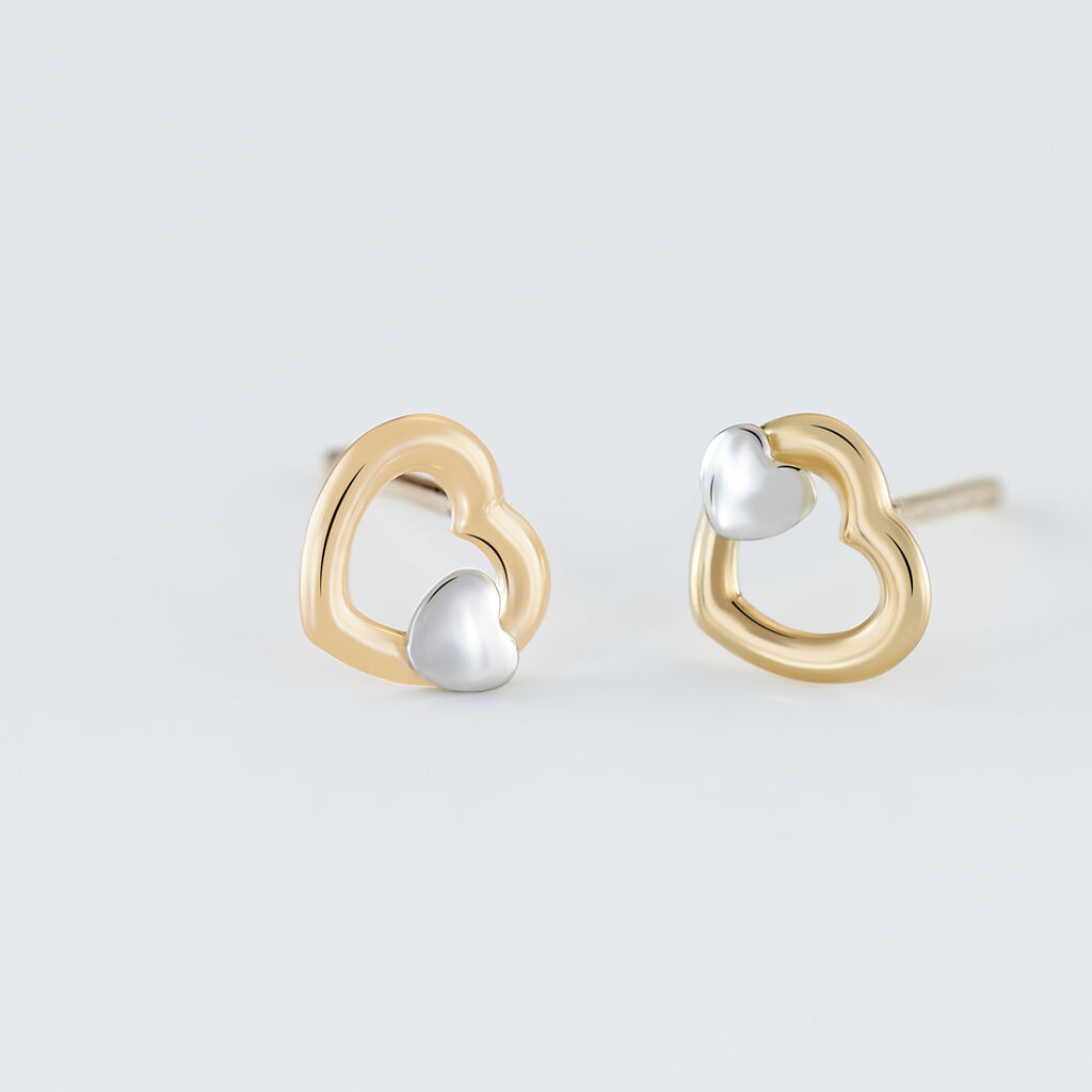 Boucles D'oreilles Puces Anne-maudae Double Coeurs Or Bicolore - Clous d'oreilles Femme | Histoire d&rsquo;Or