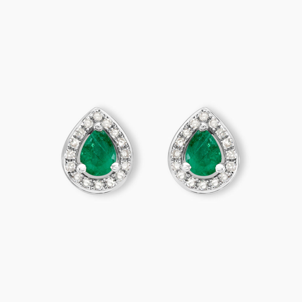 Boucles D'oreilles Puces Elheme Or Blanc Emeraude Et Diamant - Clous d'oreilles Femme | Histoire d’Or