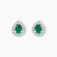 Boucles D'oreilles Puces Elheme Or Blanc Emeraude Et Diamant