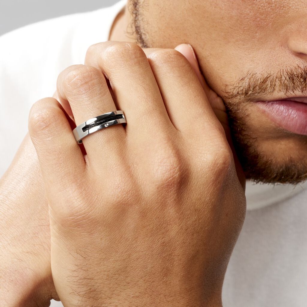 Bague Acier Blanc Stelios Diamant - Bagues avec pierre Homme | Histoire d’Or