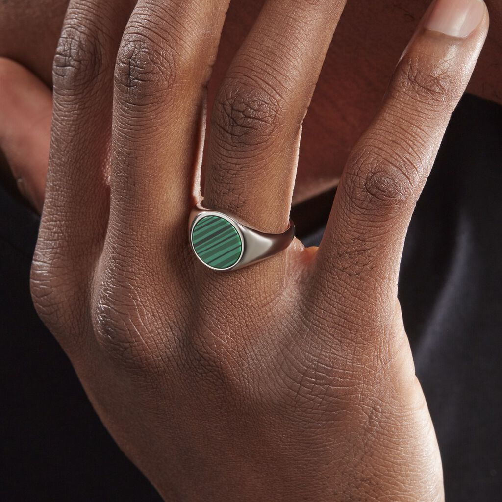 Chevalière Argent Blanc Aileas Malachite - Bagues solitaires Homme | Histoire d’Or