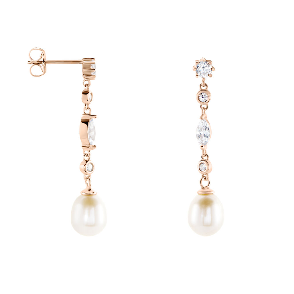 Boucles D'oreilles Pendantes Lynes Argent Rose Perle De Culture - Boucles d'oreilles fantaisie Femme | Histoire d’Or