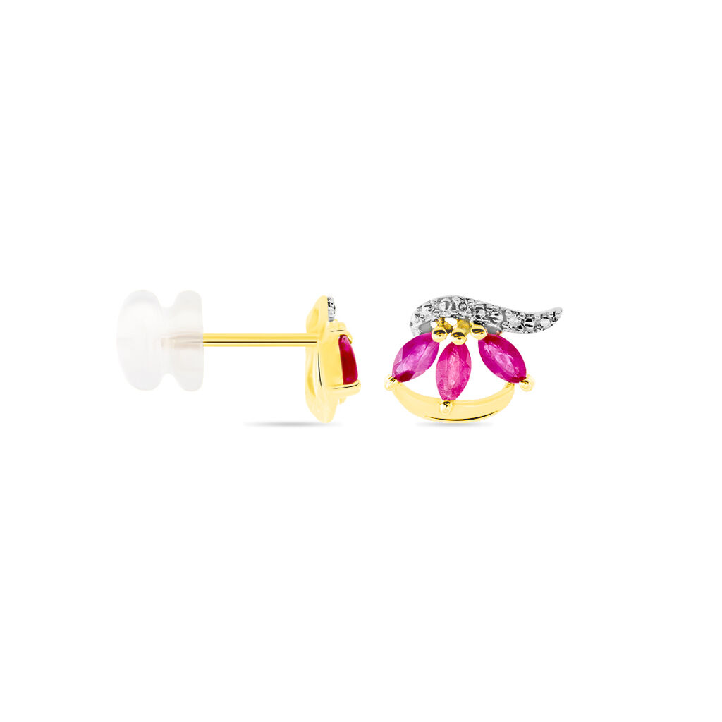 Boucles D'oreilles Puces Petale Or Bicolore Rubis Et Diamant - Clous d'oreilles Femme | Histoire d’Or