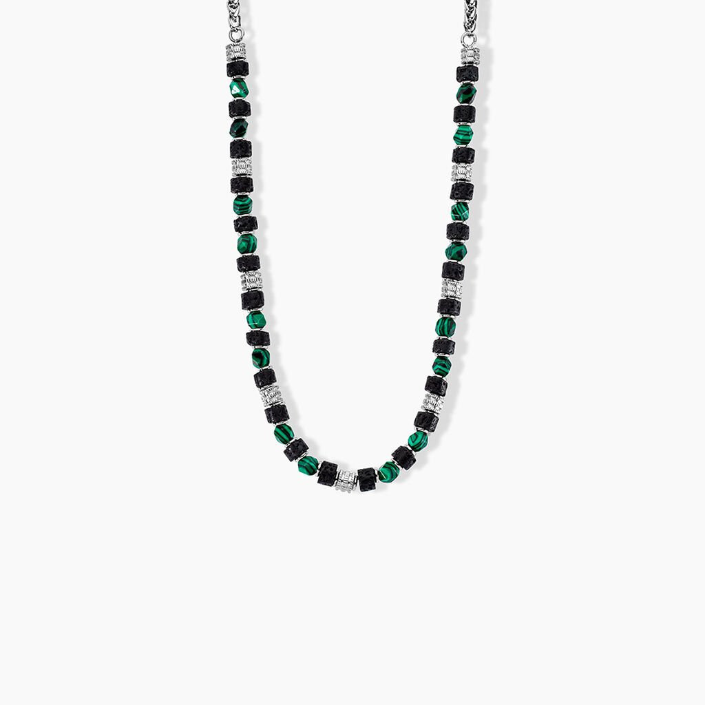 Collier Jourdan Bengale Acier Argenté Malachite Pierre De Lave - Colliers fantaisie Homme | Histoire d’Or