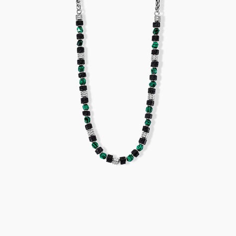 Collier Jourdan Bengale Acier Argenté Malachite Pierre De Lave - Colliers fantaisie Homme | Histoire d’Or