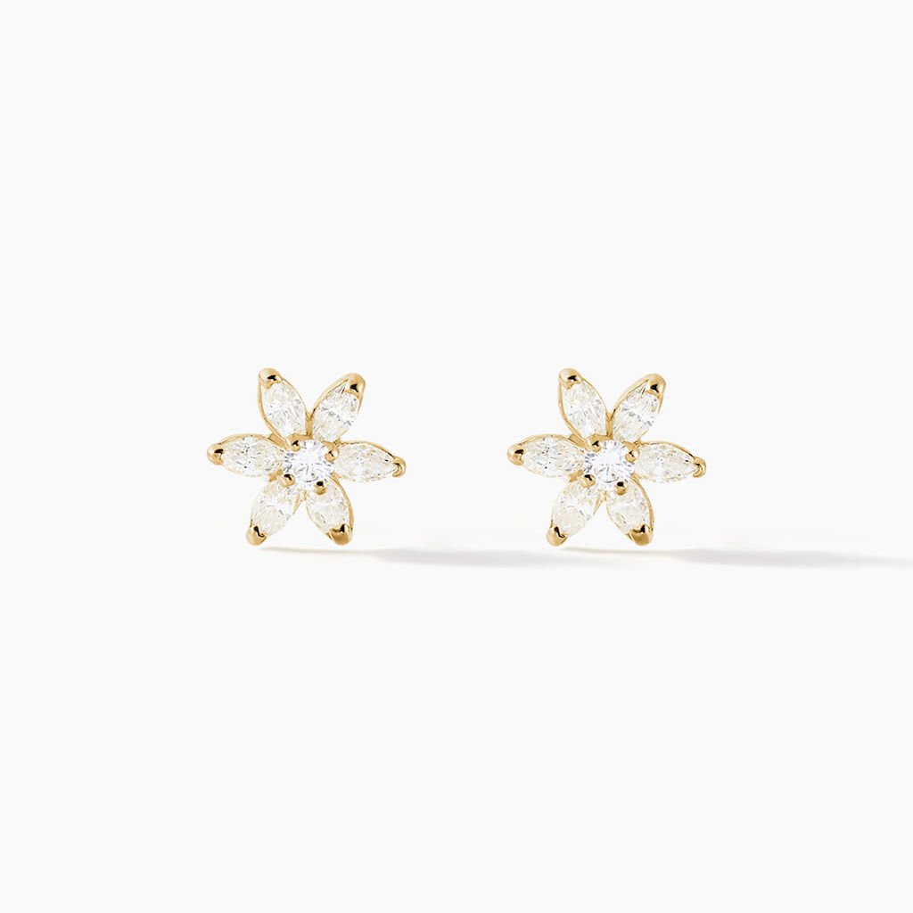 Boucles D'oreilles Puces Eleanor Fleur Or Jaune Oxyde De Zirconium - Clous d'oreilles Femme | Histoire d’Or