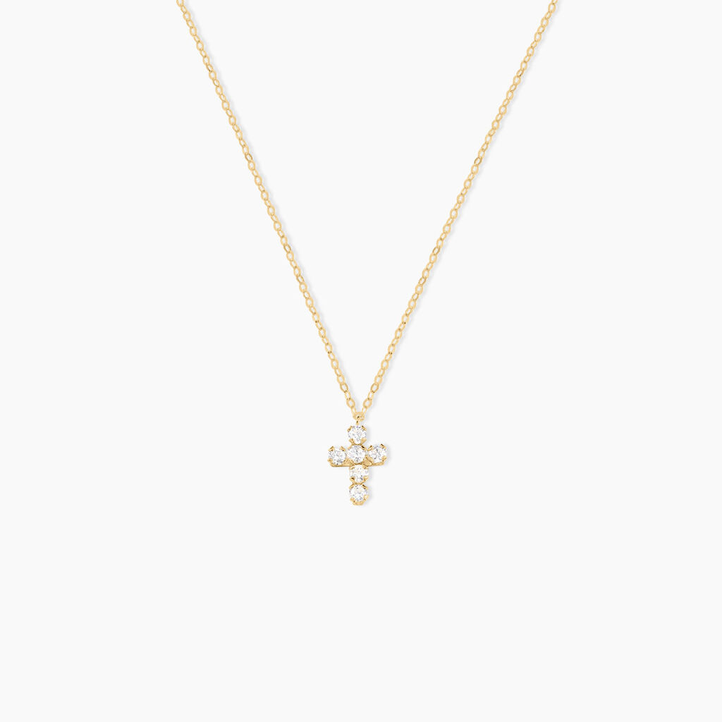 Collier Canice Croix Or Jaune Oxyde De Zirconium - Pendentifs Baptême Famille | Histoire d’Or