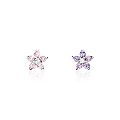 Boucles D'oreilles Puces Purple Bloom Argent Blanc Oxyde De Zirconium - Boucles d'oreilles fantaisie Femme | Histoire d’Or