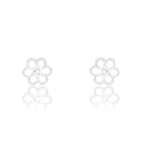 Boucles D'oreilles Puces Philine Fleur Or Blanc Oxyde De Zirconium - Clous d'oreilles Femme | Histoire d’Or