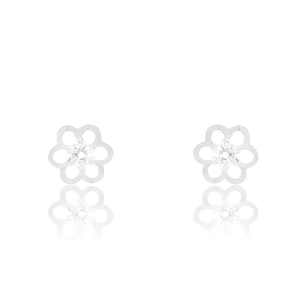 Boucles D'oreilles Puces Philine Fleur Or Blanc Oxyde De Zirconium - Clous d'oreilles Femme | Histoire d’Or