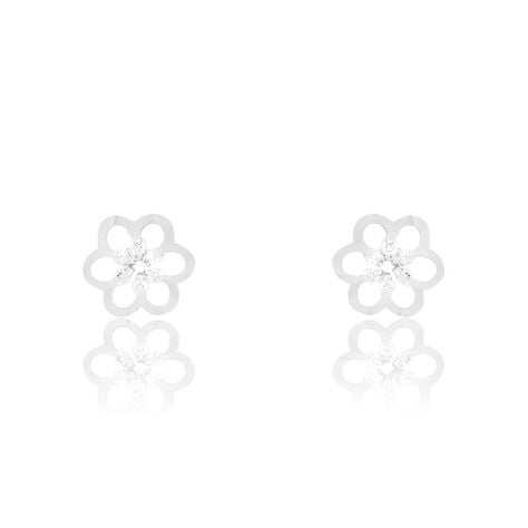 Boucles D'oreilles Puces Philine Fleur Or Blanc Oxyde De Zirconium - Clous d'oreilles Femme | Histoire d’Or